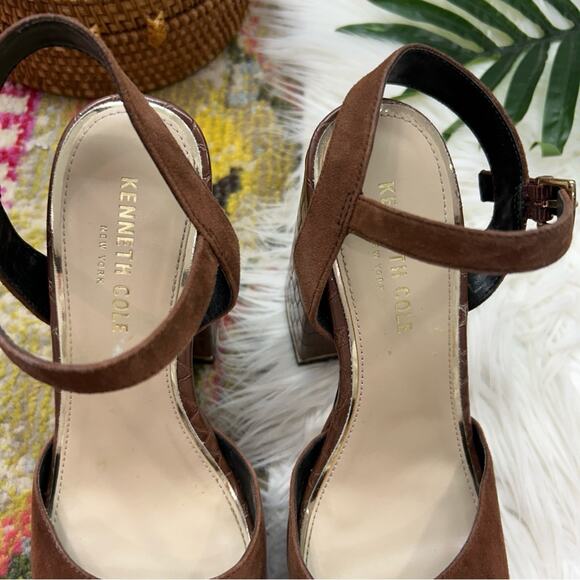 Kenneth Cole Brown Chunky Platform Dolly Suede & Croc Embossed Leather Sandal 8 - Picture 5 of 10